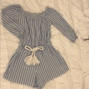 Showpo white/blue striped off shoulder romper
